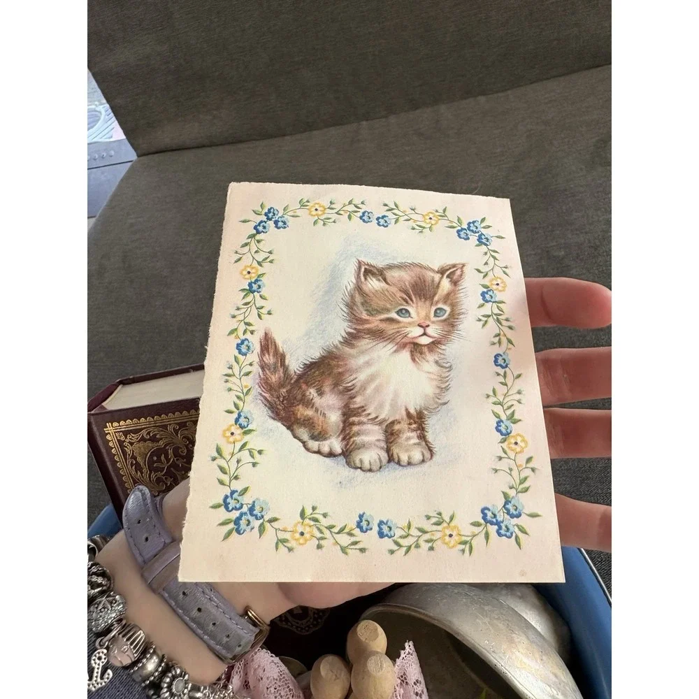 Vintage Primitive Curated Vignette Enamel, Book, Linen, Greenery, Cat Ephemera‎